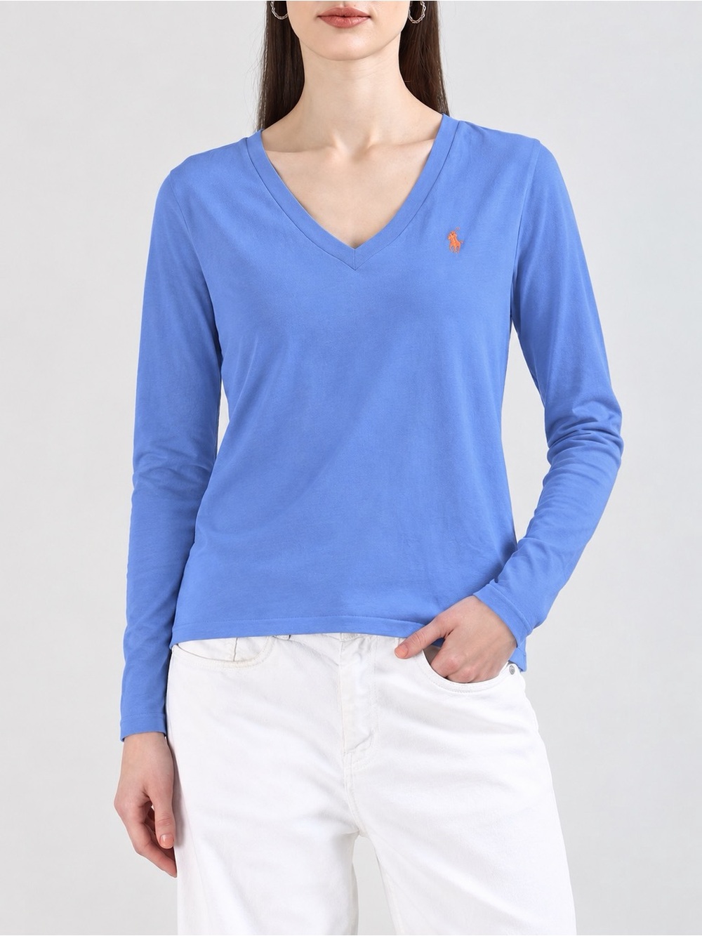 Polo Ralph Lauren Blue Long Sleeve V-Neck Tee Orange Pony Size S